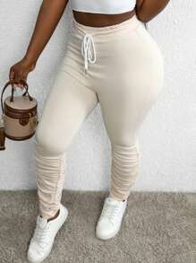 SHEIN Slayr Damen einfarbige Hose mit geraffter Taillenbanddetail, figurbetont geschnitten, geeignet für Frühling & Herbst - Khaki - Übersicht 6