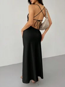 SHEIN PETITE White Ball Gown Spaghetti Strap Backless Tight Draped Neck Long Women's Dress - Black - View 2
