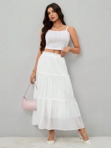 SHEIN Tall Ruffle Skirt Boho Long Skirt Break Solid Frill Trim Ruffle Hem White Skirt - White - View 5