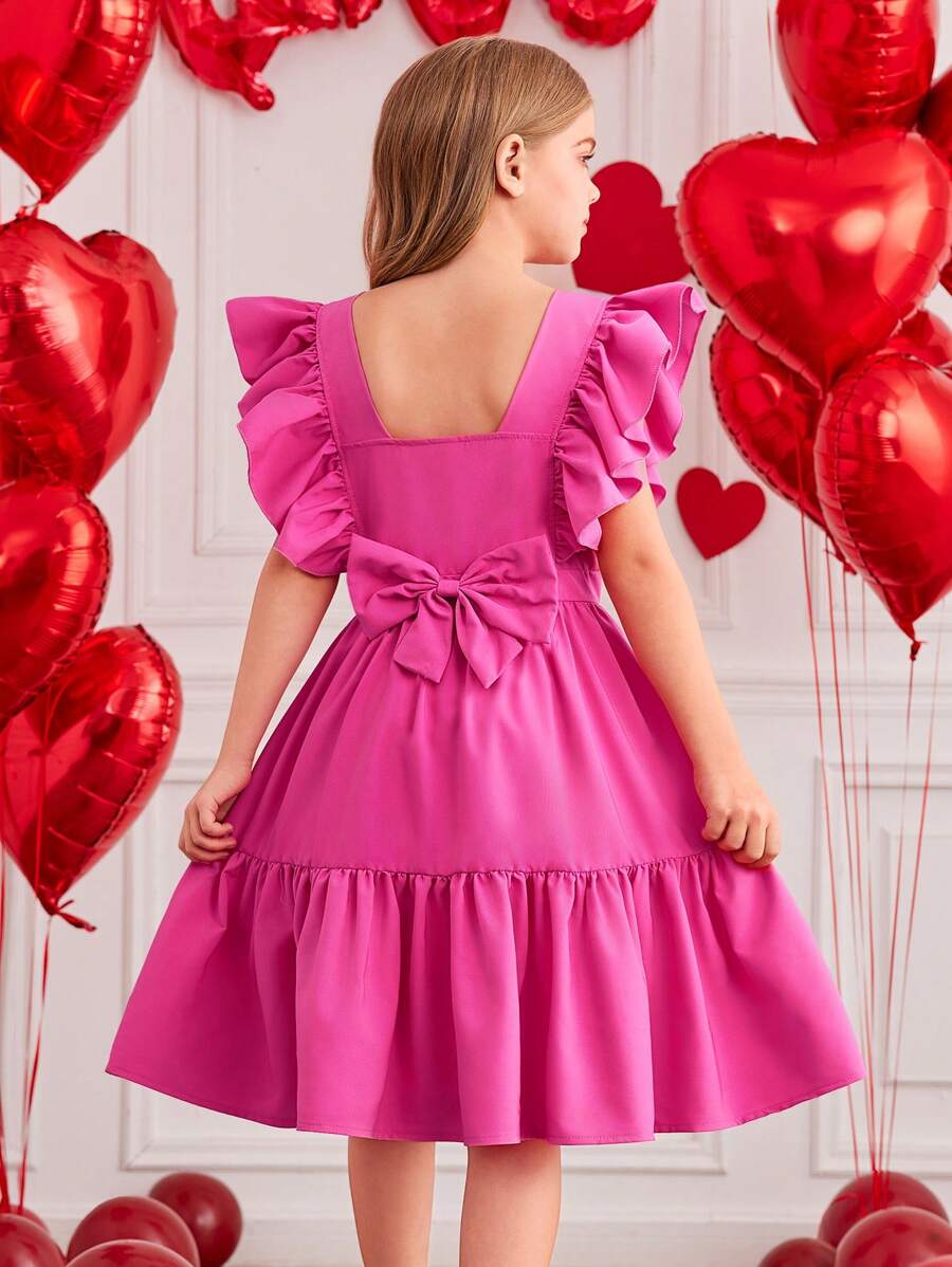 SHEIN Tween Girls' Square Neck Bow Cap Sleeve Dress, Suitable For Valentine's Day, Daily, Commute, Holidays Wear