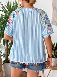 Breezaya Plus Size Boho Colorful Holiday-Style Faux Embroidery Blue & White Striped Patchwork Tassel Cute Girl Short Sleeve Blouse, For Summer