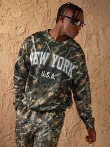 Forever 21 Herren lässiger minimalistischer Sweatshirt mit New York Buchstaben- und Baumzweig Tarnmuster, weiter Ausschnitt - Verschiedenfarbig - Übersicht 5
