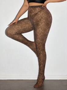 SHEIN ICON Women's Plus Size Semi-Sheer Knitted Fabric Extra Long Leggings In Black With Floral Details For Casual Style