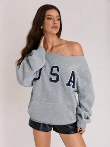 TRNVIE 1st Dames Fleece Sweatshirt Met Borduurontwerp, Open Schouder, Casual, Dagelijkse Kleding Voor De Winter