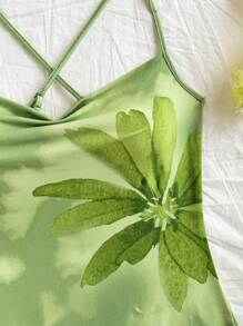 Soleia 女士休闲度假交叉带垂领扎染印花修身开衩连衣裙 - 綠色 - 查看 5