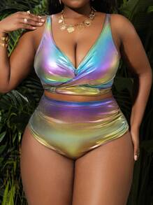 Slaydiva Bộ đồ da PU màu chuyển sắc cỡ lớn mùa hè 2 món, quần cạp cao có bèo nhún hai bên, áo crop top buộc chéo phía trước, trang phục hai mảnh gợi cảm - Màu tím - Xem 3