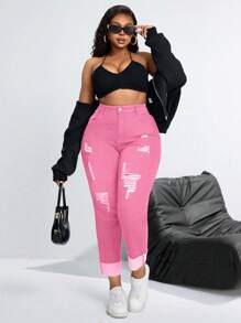 SHEIN SXY Plus Size Stretchy Denim Fashion Sexy Pants - Pink - View 5