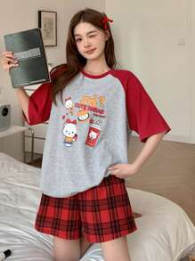 DAZY 2pcs Cartoon Print Raglan Sleeve T-Shirt & Plaid Shorts Pajama Set For Women - Grey - View 6