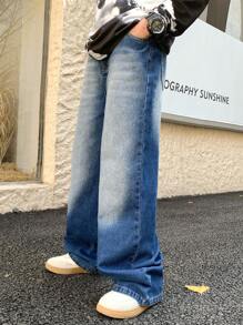 SHEIN 适合青少年男孩的休闲时尚蓝色牛仔宽松舒适直筒牛仔裤，柔软舒适，适合日常穿着和四季穿着。 - 藍色 - 查看 1