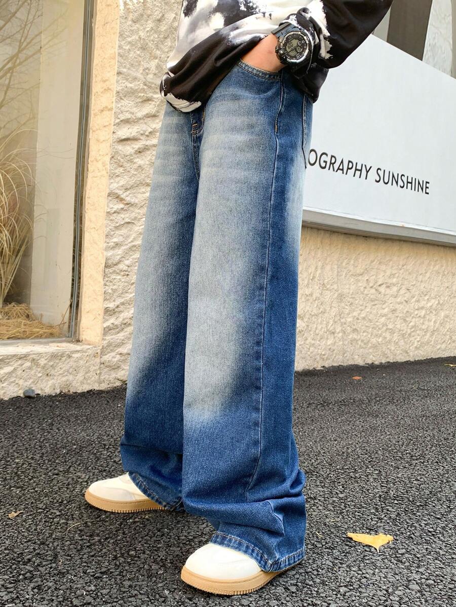 SHEIN 适合青少年男孩的休闲时尚蓝色牛仔宽松舒适直筒牛仔裤，柔软舒适，适合日常穿着和四季穿着。 - 藍色 - 查看 1