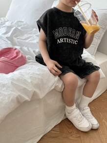 Dazy Kids 2pcs/Set Young Boy Round Neck Sleeveless Printed Simple T-Shirt And Shorts - Black - View 8
