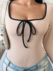 POPSWAY Plus Size Women Long Sleeve Round Neck Contrast Color Bowknot Casual Cute Elegant Bodysuit - Apricot - View 8