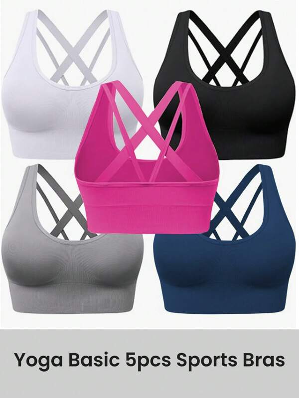 Easithlete 5pcs Women's Solid Color Seamless Sports Bras With Criss-Cross Back Design, For Everyday Workout