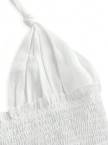 Flirla Women's Cute Cake Style Ruched Cinched Waist Neck V-Neck Flowy Cover Up Dress, For Summer Beach Vacation - White - View 3