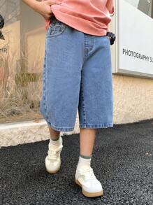 SHEIN Tween Boy Fashion Old Money Casual Cotton Elastic Waist Pocketed Casual Denim Wide Leg Boy Shorts For Boy Soft Dailywear And Kids Summer Clothes