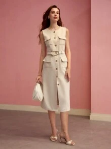 MOTF PREMIUM Vestido de tirantes sin mangas con botones - Albaricoque - Ver 4