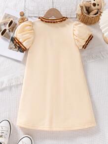 年轻女孩夏季休闲马球领泡泡袖小熊刺绣迷你连衣裙 - 黃色 - 查看 2