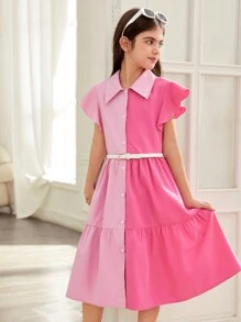 SHEIN Leap Crew فستان نسيج بأكمام فلنس ذو طيات متدرجة وفتحة أزرار أمامية، مناسب للفتيات المراهقات في الإجازات الصيفية، بتصميم بلوكات لوني - وردي - مشاهدة 4