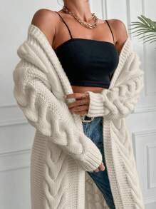 EURMUSE Cable Knit Drop Shoulder Duster Cardigan - Beige - View 4