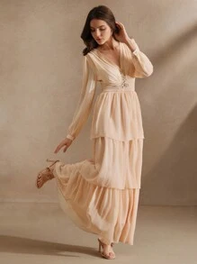 Anewsta Wiosenna Elegancka Szyfonowa Sukienka Damska Na Imprezę - Morela - Zobacz 1