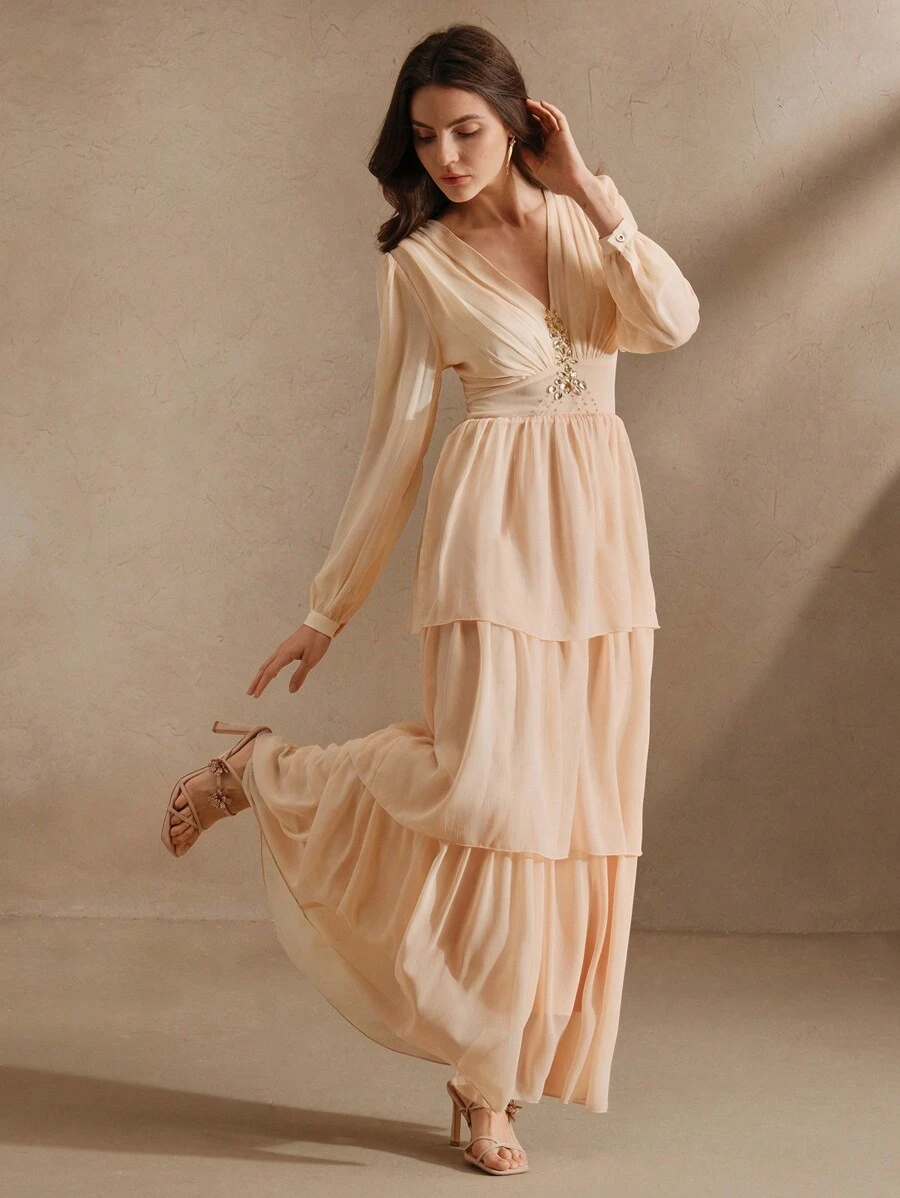 Anewsta Wiosenna Elegancka Szyfonowa Sukienka Damska Na Imprezę - Morela - Zobacz 1