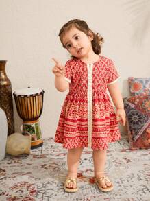 SHEIN Baby Girl Summer Short Sleeve Ruffle Button Half-Placket Pattern Print Casual Comfortable Outdoor Holiday Dress - Red - View 4