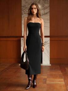 MOTF PREMIUM Vestido tubo con cremallera en la espalda y bajo dividido - Negro - Ver 6