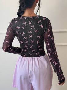 SHEIN Unity Heart & Bow Detail Square Neck Long Sleeve T-Shirt Fall Cloth For Women - Black - View 2