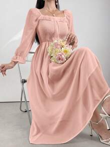 Modelyn Solid Color Strapless Wrap Front Midi Dress Maxi Women Outfit - Pink - View 3