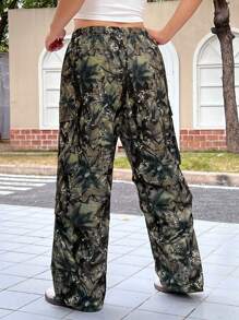 SHEIN EZwear 大码女式树枝印花松紧腰阔腿工装裤 - 彩色 - 查看 2