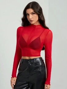 SHEIN Tall 高领长袖性感透视网眼上衣 - 紅色 - 查看 6