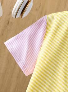 SHEIN Leap Crew Tween Boy 休闲拼色条纹领口袋短袖衬衫，适合秋季、春季、夏季、户外玩耍、学校、街头风格、派对和居家休闲