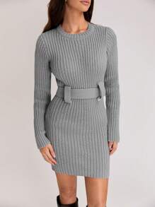 SHEIN Unity 女士纯色圆领长袖休闲修身毛衣连衣裙 - 淺灰色 - 查看 6