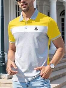 Manfinity Homme Men's Solid Color Patchwork Button Front Short Sleeve Polo Shirt (Sleeve & Pocket Irregularly Cut) - Multicolor - View 1