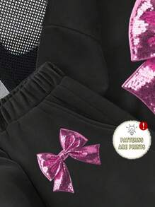 SHEIN Leap Crew 2 件套 Tween Girl 休闲简约蝴蝶结印花黑色超大长袖运动衫和裤子套装，秋冬 - 黑色 - 查看 4