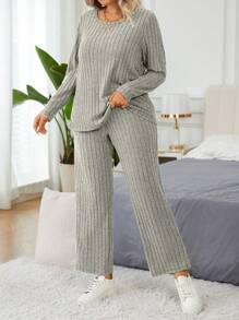 EMERY ROSE Set de 2 piezas con pantalones y top de manga larga acanalado de terciopelo casual con relleno incorporado en el pecho