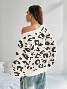 Flirla Losse, casual, veelzijdige luipaardprinttrui, sexy asymmetrische hals