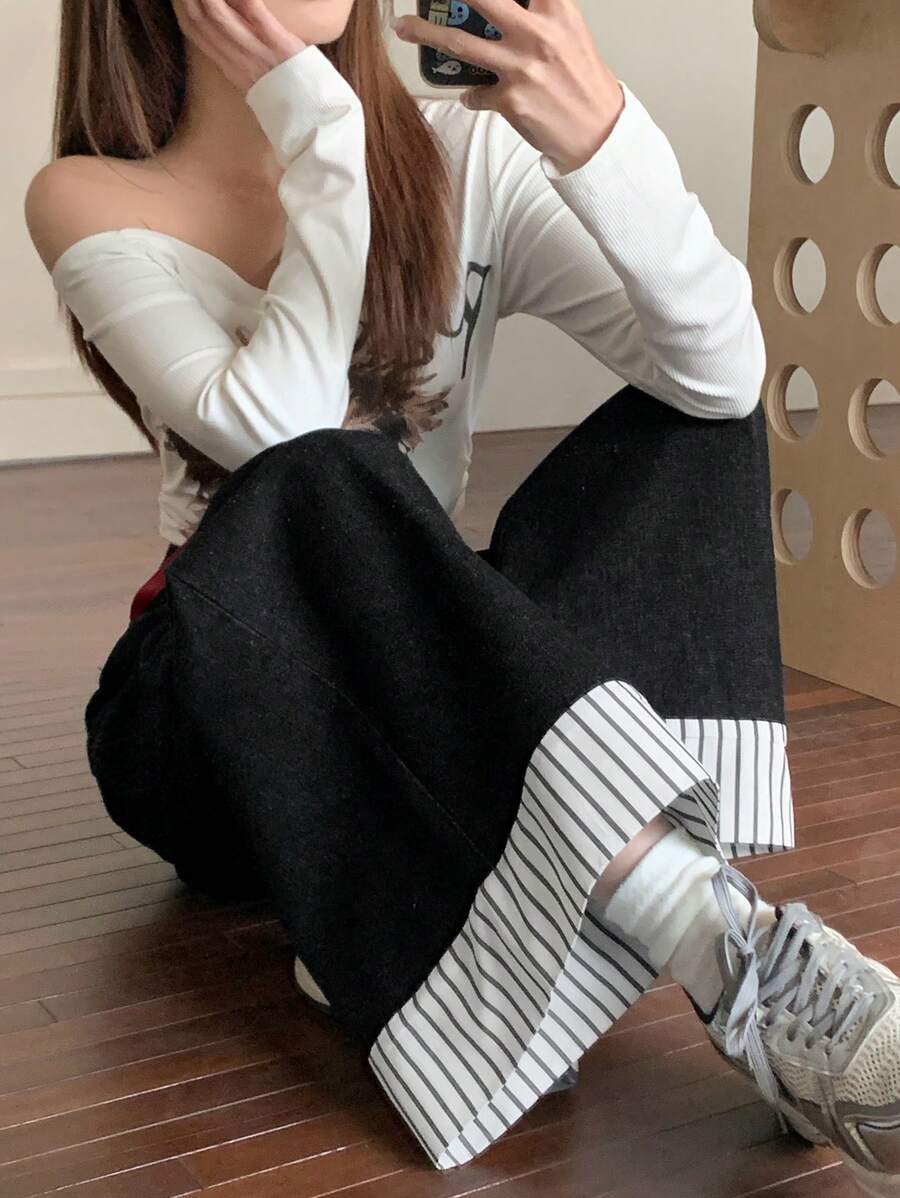 DAZY Quần jeans ống đứng kẻ sọc đơn giản, rộng rãi cho nữ mùa thu đông - Rửa tối - Xem 1