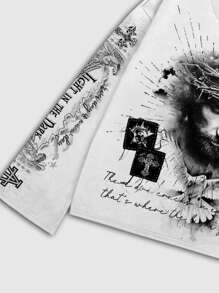 ROMWE MEN Street Life 休闲男士街头印花 T 恤，适合春夏、秋季、2000 年代风格 - 白色 - 查看 4