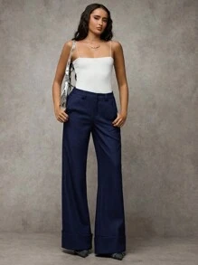 SHEIN BAE Damen graue einfarbige Twill-Gewebe Knopftasche einfache Lange Hose mit niedriger Taille, geeignet für lässige Pendlerwege, modische Streetwear, Vintage-Stil, Bürokleidung