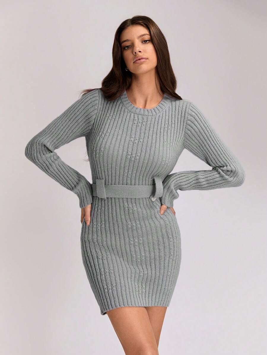 SHEIN Unity 女士纯色圆领长袖休闲修身毛衣连衣裙 - 淺灰色 - 查看 1