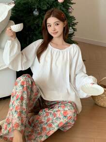 DAZY 纯色灯笼袖上衣和全身花卉印花长裤睡衣套装