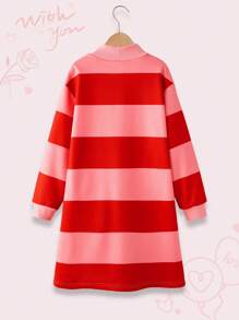 Vestito casual lungo a maniche lunghe, con scollo a crociera, linea ad A, con motivi a cuori e righe, adatto per ragazze pre-adolescenti, per l'autunno - Rosa - Visualizzare 2