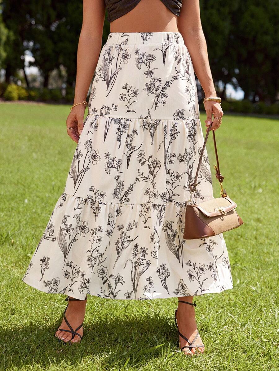 SHEIN VCAY Resort Style High Waist Loose Fit Botanical Printed Multi-Layered Ruffled Ruffle Hem Women Skirts - Black and White - View 1