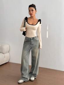 SHEIN Unity 女式长袖紧身衣，黑色配白色条纹，系带，修身，适合日常通勤 - 杏色 - 查看 5