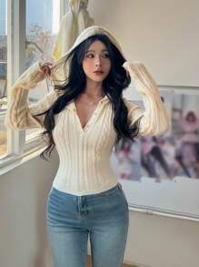 Pull-shirt slim à manches raglan et capuche, couleur unie, pour femmes