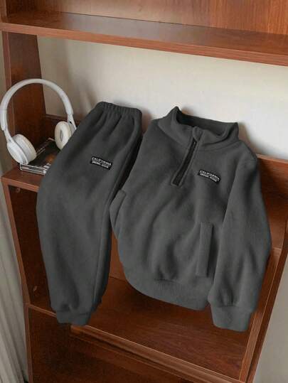 2pcs Tween Boys' Fleece Stand Collar Jacket And Sweatpants Set, Suitable For Commuting, School, Daily Casual, College Trips, Sports
