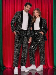 Manfinity AFTRDRK Black Base With Silver Sequin Men Suit Jacket And Pants Set