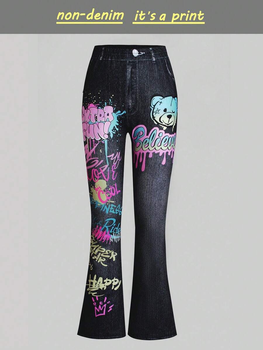Sparklyn Tween Girls Flared Letter Printed Denim Effect Leggings - Multicolor - View 1
