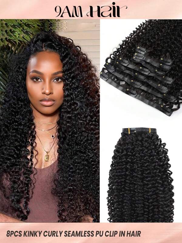 Seamless Clip Ins 8pcs With 18Clips Per Set Seamless PU Clip In Hair Extensions Real Human Hair Invisible PU Skin Weft Kinky Curly Clip Ins 100% Unprocessed Human Hair Extensions